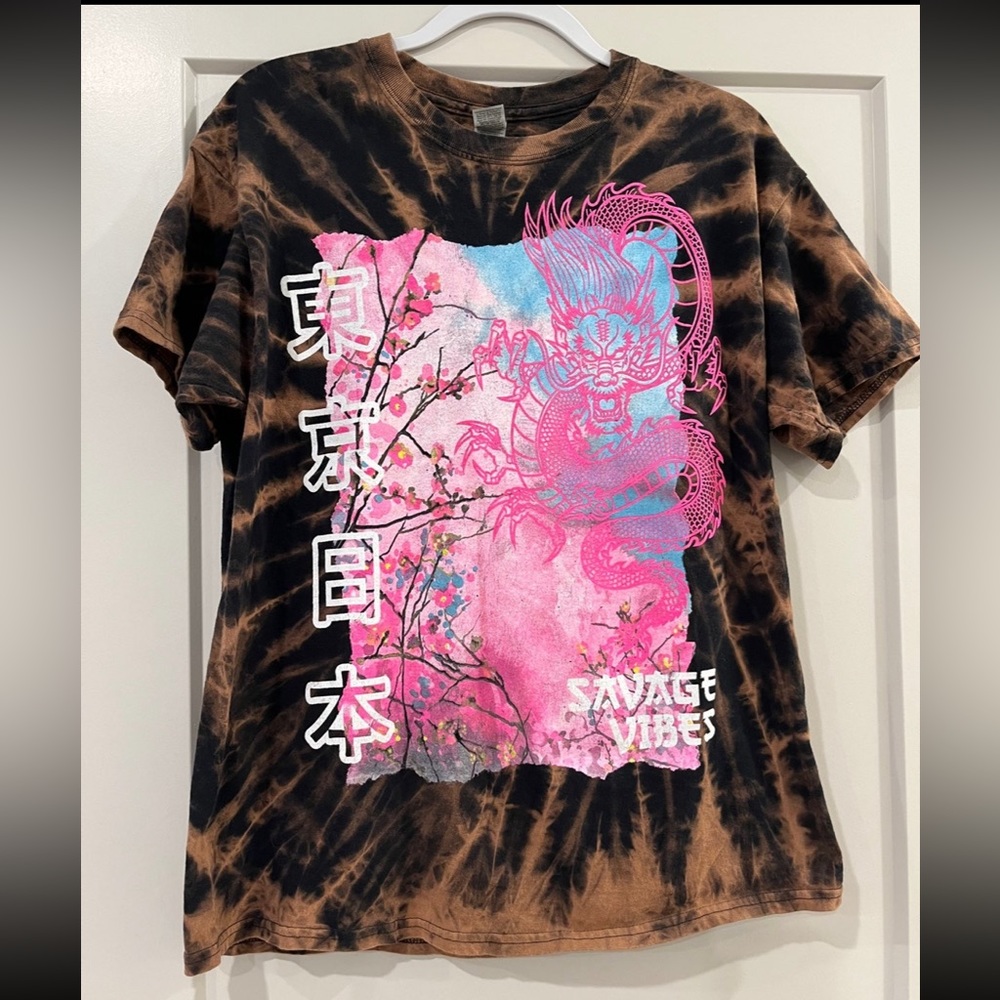 Chinese Dragon Acid Wash Tie Dye Cherry Blossom Savage Vibes Tee Shirt